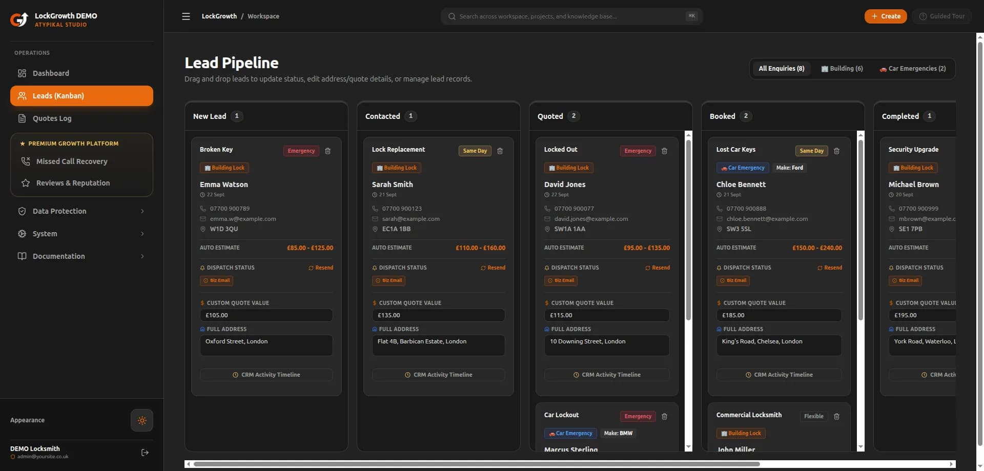 Lead Capture & Instant Quote - 6-step interactive quote wizard with geocoded postcode pricing
